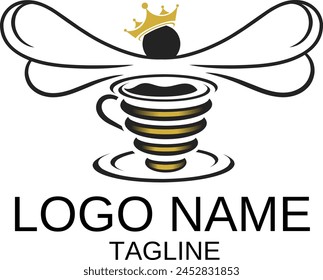 graphic vector illustration, icon of a crowned bee and a coffee cup, suitable for use as a coffee brand and coffee shop logo, modern, minimalist logo