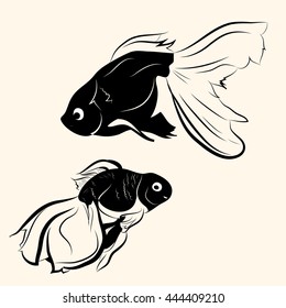 Graphic vector illustration with the image of goldfish. Black and White.