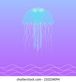 Graphic vector illustration of jellyfish on deep blue background