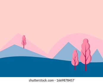 Graphic vector illustration of landscape with mountains hills valley meadow trees on sky background in pink blue turquoise color palette. Trendy flat style