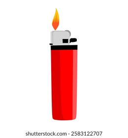 Graphic vector illustration of a lighter, a red gas lighter with a flame, isolated on a white background. Perfect for themes such as energy, fire, tools and everyday practical objects.