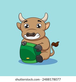 graphic vector illustration of a little brown cow character hugging a green bag