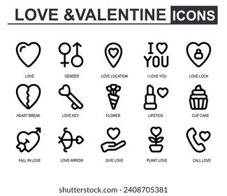 graphic vector illustration love.icon set outline.contains valentine,heart,love,gender,location,i love you, padlock,broken heart,key,bouquet.editable stroke.suitable for love app and web.