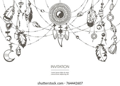 Graphic vector illustration. Magic symbolic art in boho style. Feathers, beads, crystal. Spirituality, alchemy design background for invitation, tattoo