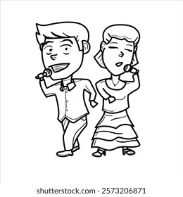 graphic vector illustration of a male and female duet pop singer in cartoon style, great for adding to your visual elements or coloring teaching materials for children and apparel businesses. vector f