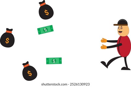 Graphic vector illustration of man chasing dollars with cartoon characters. eps 10