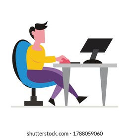 graphic vector illustration of a man sitting in a chair working at a computer with his mouse.  Perfect for infographic, poster, background, etc