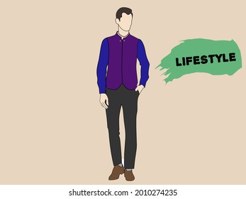 ilustración vectorial gráfica de un hombre con un abrigo de chaleco morado. Muestra gráfica de moda de ropa formal masculina que dice "estilo de vida".