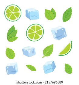 Graphic vector illustration of mojito cocktail ingredients: lime slices, mint leaves, ice cubes. Refreshing drink ingredients isolated on white background