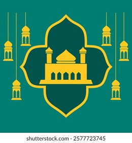 Graphic vector illustration of mosque and Islamic lantern, symbolizing spirituality and culture of Islamic religion. Perfect for Ramadan kareem theme or for holidays like eid al fitr and eid al adha.