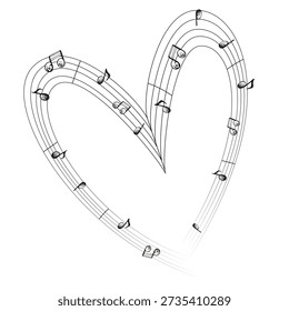Graphic vector illustration of music notes and stave in the shape of a heart. EPS illustration drawn in ink for Valentine's Day and World Music Day cards.