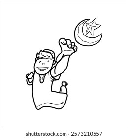 graphic vector illustration of Muslim children jumping to reach the moon and stars which are the main symbols of Islam in cartoon style, great for adding to your visual elements or teaching materials 