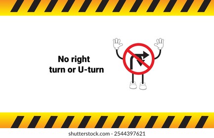 
Graphic vector illustration of no right turn or U turn sign with cartoon characters. Graphic design is suitable for children's education, story books, or traffic safety materials. vector illustration