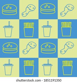 vector gráfico Patrón de ilustración de patatas fritas, pollo frito, refresco y hamburguesa. Diseño adecuado para el diseño de empaque, tapiz de corte de comida, fondo de eventos culinarios, etc.