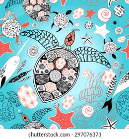 Graphic vector illustration of a pattern turtle swims with fish narwhal