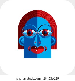 Graphic vector illustration, person portrait isolated on white, decorative modern avatar made from geometric circles and cubes. 