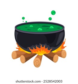 Graphic vector illustration of a pot of witch's green potion heating over a campfire