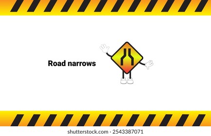 Graphic vector illustration of road narrowing signs with cartoon characters. Graphic design suitable for children's education, story books, or traffic safety materials. vector illustration