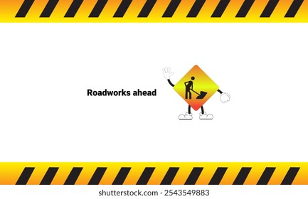 Graphic vector illustration of road repair sign ahead with cartoon characters. Graphic design is suitable for children's education, story books, or traffic safety materials. vector illustration