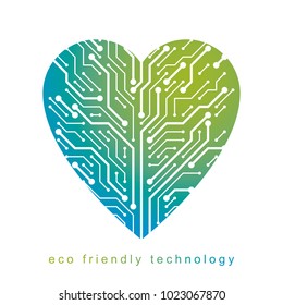 Graphic vector illustration of romantic heart created in communication technology design. Sustainable energy solutions idea.