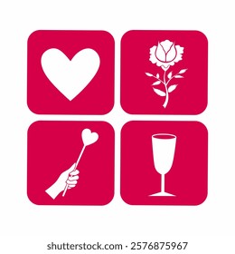 Graphic vector illustration of romantic icon symbol, heart or love sign, rose flower, hand holding heart stick, and glass. Suitable for love, romance, affection and valentine's day event.