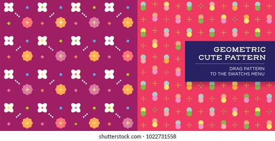 graphic vector illustration. Set of 2 geometric mini cute colorful patterns. Using as wallpaper, background, template, decorative.