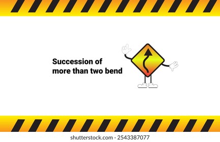 
Graphic vector illustration of a sign over two consecutive bends with cartoon characters. Graphic design suitable for children's education, story books, or traffic safety materials. eps 10