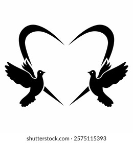 Graphic vector illustration of silhouette of two doves and heart shape on white background, symbolizing the concept of love, peace, harmony and togetherness.