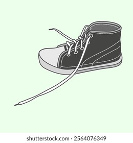 Graphic vector illustration of a single black shoe with long white laces, placed on a light green background, emphasizes casual footwear with stylish design and stitching.