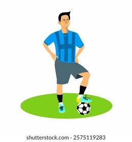 Graphic vector illustration of soccer player standing in blue jersey posing on grass field preparing to kick off. Perfect for football sport event theme.