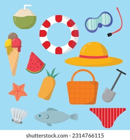 graphic vector illustration of summer and beach goods illustration icon set. ice cream, watermelon, hats, pineapple, fish, coconut, and others