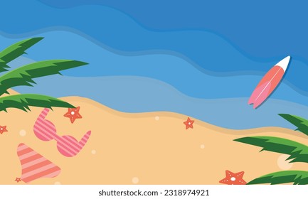 graphic vector illustration of summer beach and beach items with top view and pepper cut style. Bikinis, surfboards, starfish, and palm trees are suitable for summer backgrounds, websites, posters, an