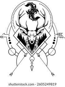 graphic vector illustration of tattoo art. tattoo depicting deer and arrows containing traditional Dayak tribal images that mean touching nature 