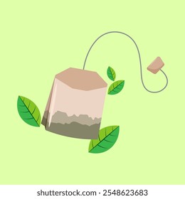 Graphic vector illustration of tea bag with refreshing green tea leaf ornament