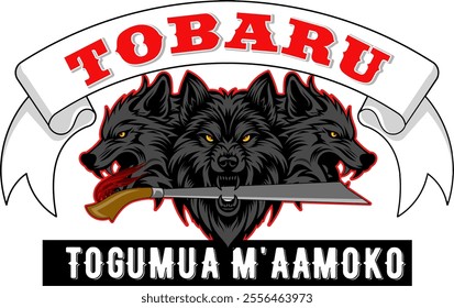 graphic vector illustration, three hunting dog heads biting a machete typical of Maluku, Indonesia suitable for use in t-shirt design images, the text can be changed   