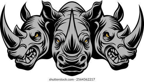 Graphic vector illustration, three rhinoceros head design in grey forest, suitable for use in t-shirt design or community or club logo 