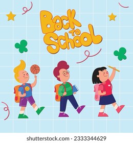 graphic vector illustration of three student kids going to school happily