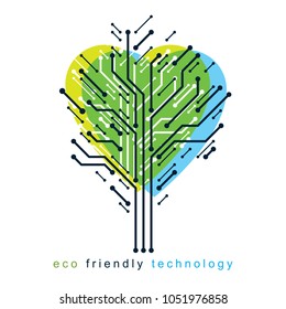 Graphic vector illustration of tree in the shape of romantic heart created in communication technology design. Eco friendly technology concept.