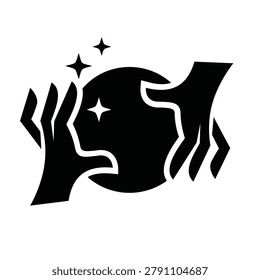 A graphic vector illustration of two stylized hands holding a glowing crystal ball with sparkles, ideal for mystical themes, divination, and future-telling concepts.