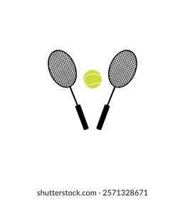 Graphic vector illustration of two tennis rackets and a tennis ball, symbolizing sports and recreation. Ideal for sports-themed designs, recreational activities and vector graphic collections.