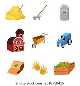 Graphic vector illustration of various farm elements in cartoon style