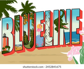 graphic vector illustration, vintage retro writing with blueline text, with the theme of florida, jupiter, flamingo, florida orange,