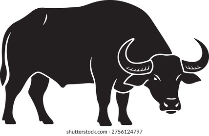Graphic vector illustration of water buffalo, also known as carabao. Black silhouette animal in profile on transparent background.