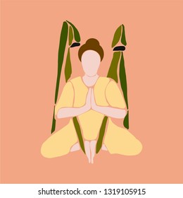 Graphic vector illustration of a woman practicing yoga in a hammock in the lotus position. badhakonasana