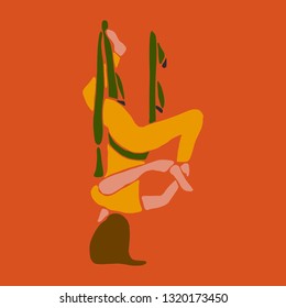 Graphic vector illustration of a woman practicing yoga in hammocks in an upside down pose.