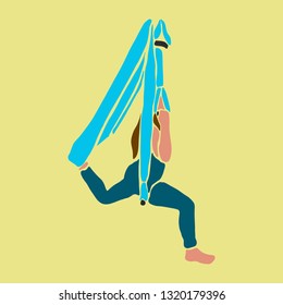 Graphic vector illustration of a woman practicing yoga in hammocks
