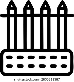 Graphic vector illustration of wooden picket fence section featuring four vertical posts and base with decorative dots for boundary concepts residential security and park barriers.