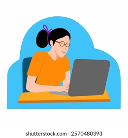 Graphic vector illustration of young woman in casual clothes sitting on chair typing on laptop at work desk, showing productivity and technology.