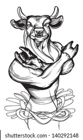 Graphic Vector Image  of a Cool black and white  Bull Mascot  with Horns showing " that rocks "