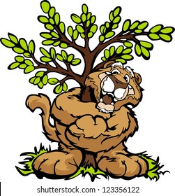 Graphic Vector Image of a Happy Cougar Hugging a Tree